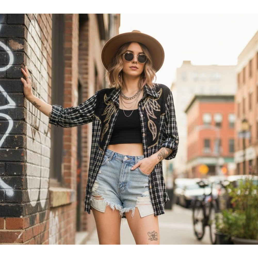 Tamsy Black Plaid Crystal Leaf Western Blouse